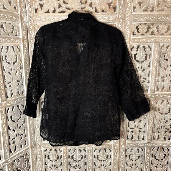Gloria Vanderbilt Casuals Black Goth Geometric Sheer 3/4 Sleeve Button Up Top M - Picture 7 of 10